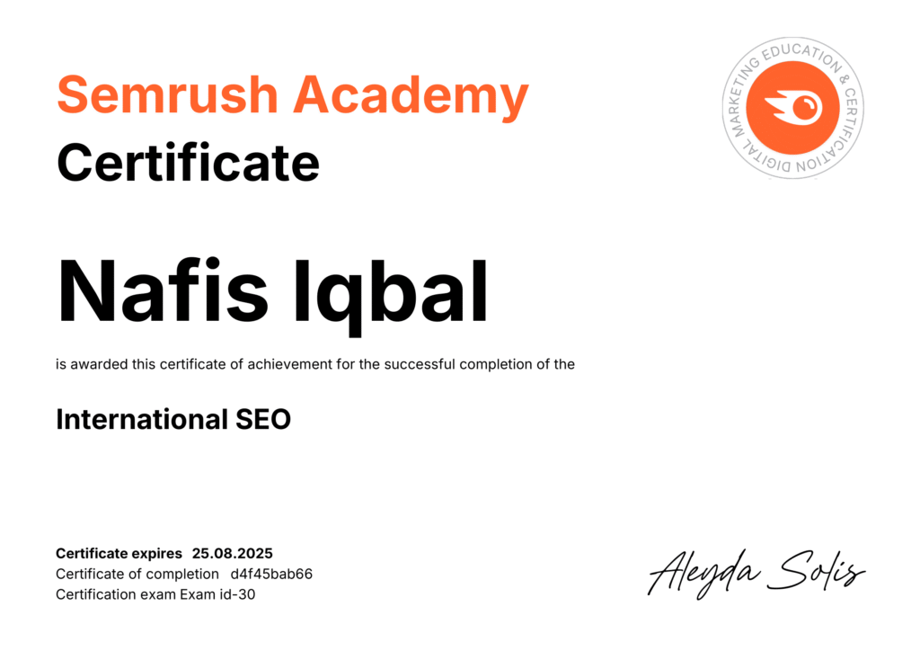 Nafis Iqbal International SEO Certification by Semrush