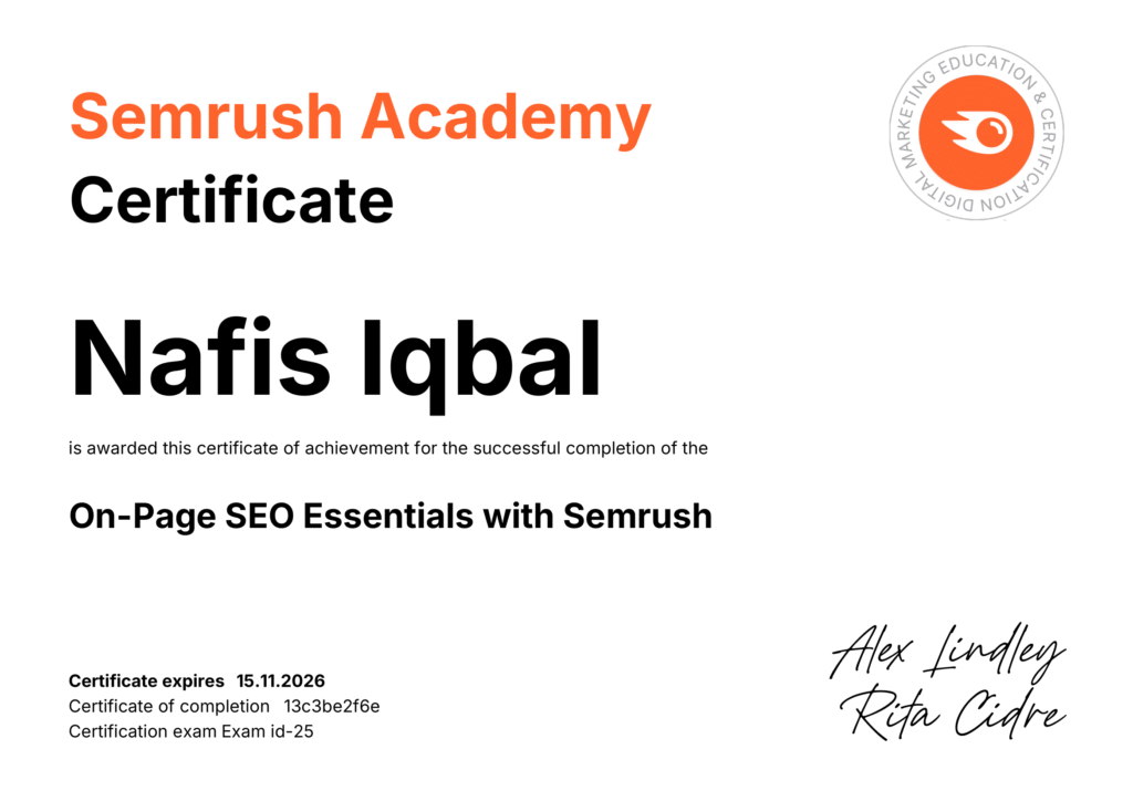 Nafis Iqbal On-Page SEO Certification Semrush