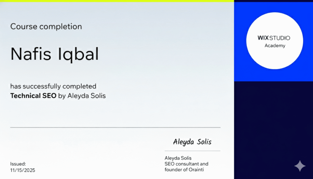 Nafis Iqbal SEO Certification by Wix