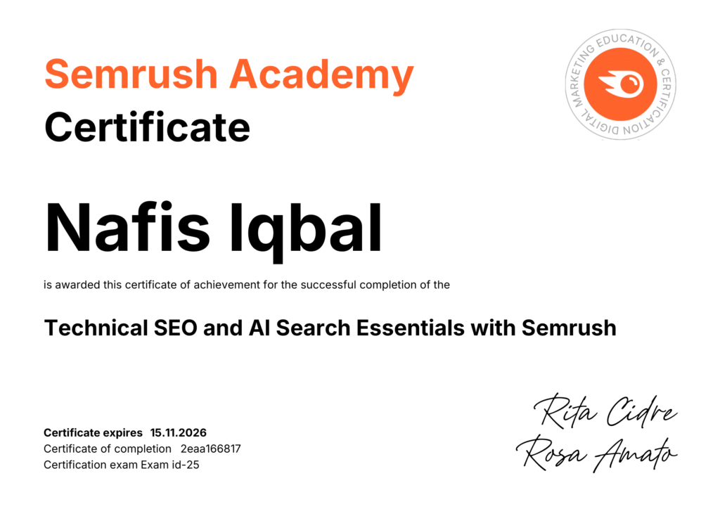 Nafis Iqbal Technical SEO Certification by Semrush